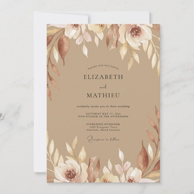 Taupe Painted Foliage Wedding Invitation (Front)