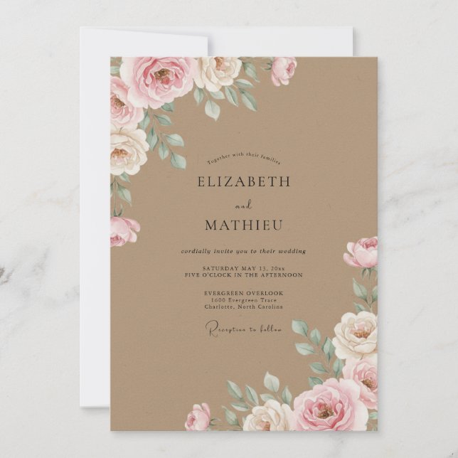 Taupe Painted Rose Wedding Invitation (Front)