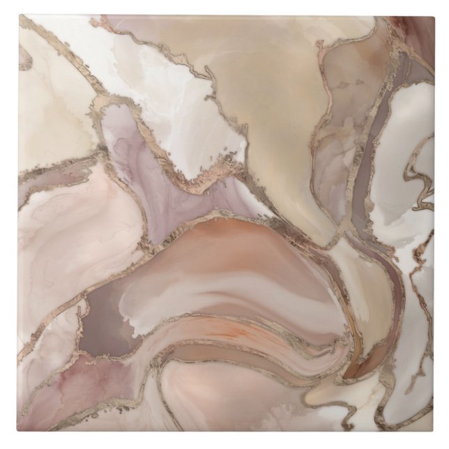 Taupe palette liquid marble and gold abstract ceramic tile (Front)
