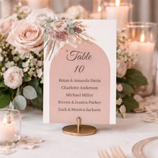 Taupe pampas grass wedding table number names card (Creator Uploaded)