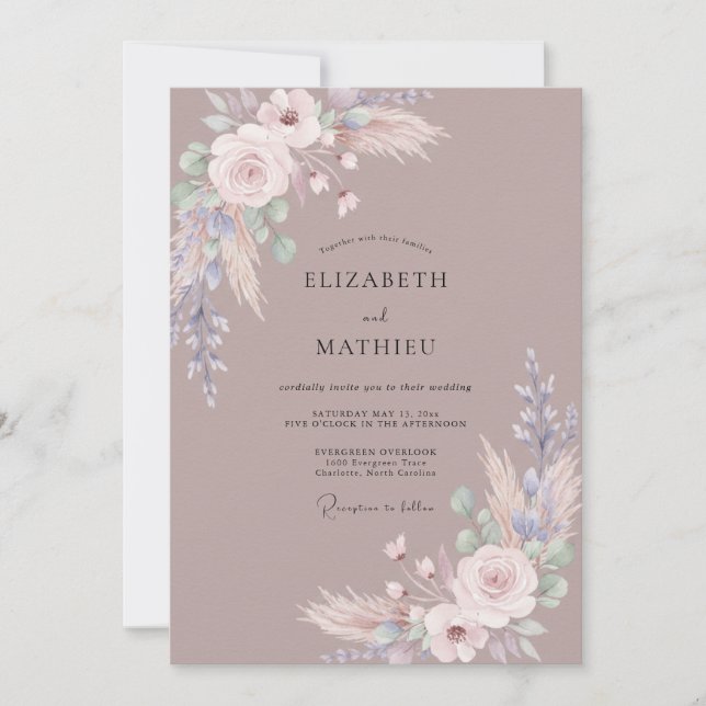 Taupe Pampas Painted Wedding Invitation (Front)