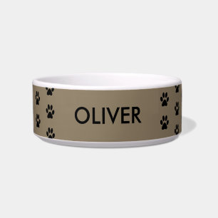 Taupe Paw Print Pattern Personalised Name Pet Bowl