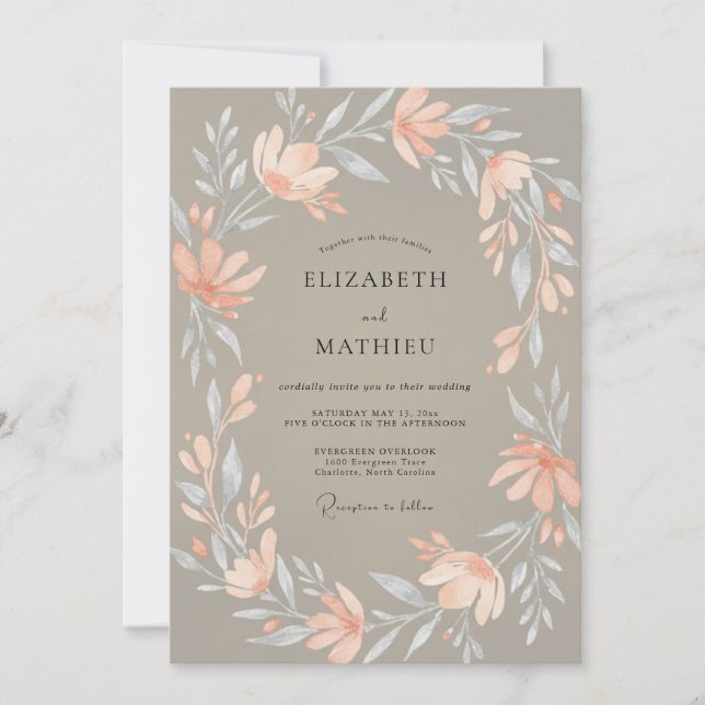 Taupe Peach Wreath Wedding Invitation (Front)