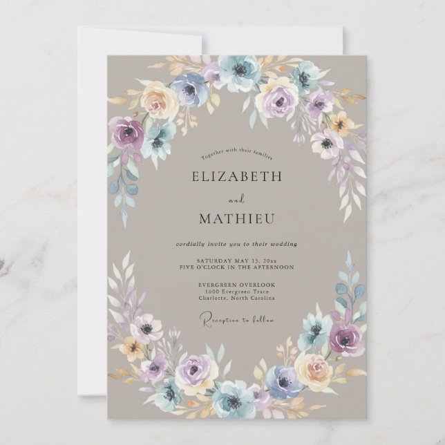 Taupe Periwinkle Anemone Wedding Invitation (Front)