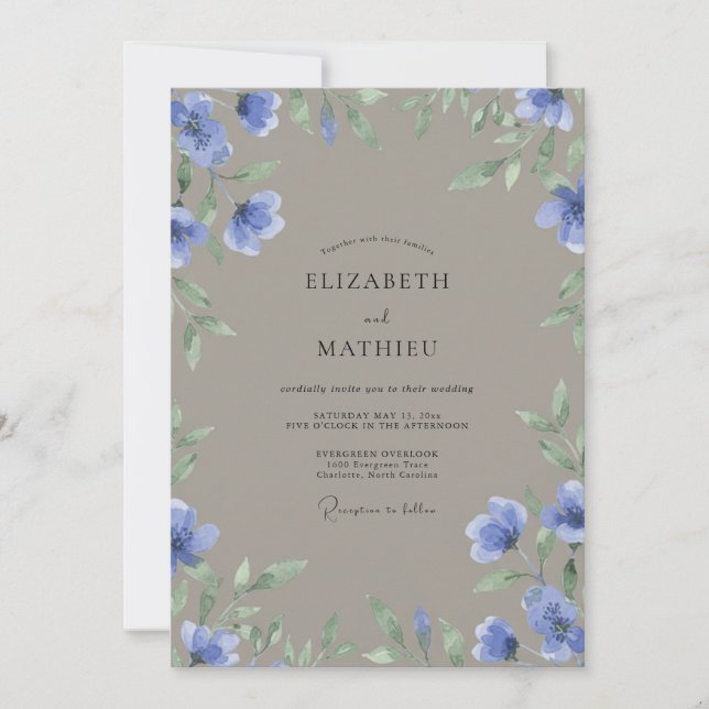 Taupe Periwinkle Bloom Wedding Invitation (Front)