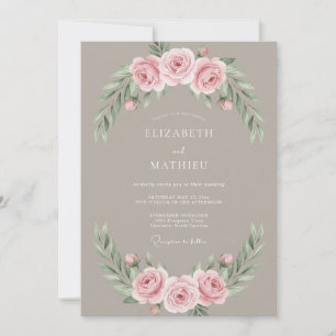 Taupe Pink Floral Watercolor Wedding Invitation