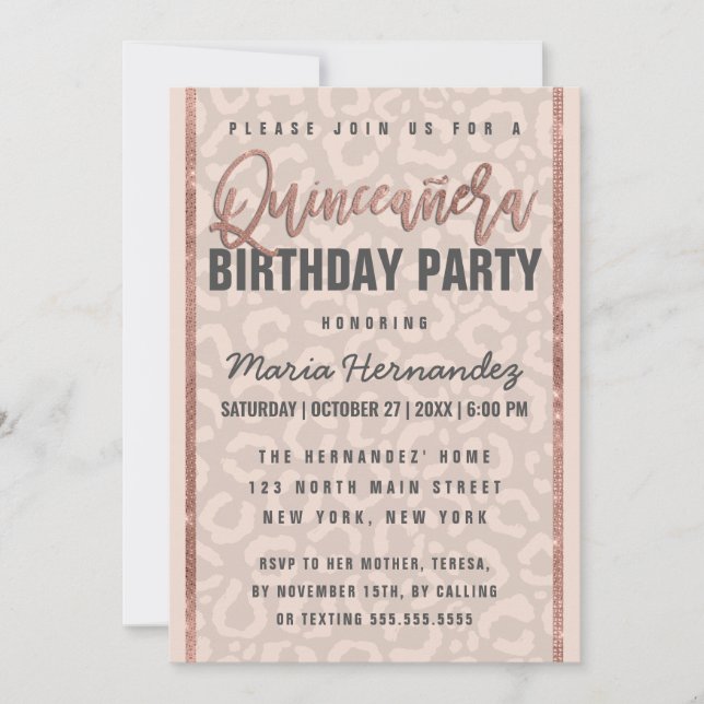Taupe Pink Rose Gold Glitter Cheetah Quinceañera Invitation (Front)