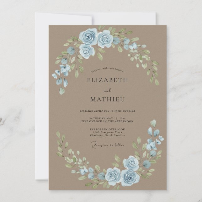 Taupe Powder Azure Leafy Wedding Invitation (Front)