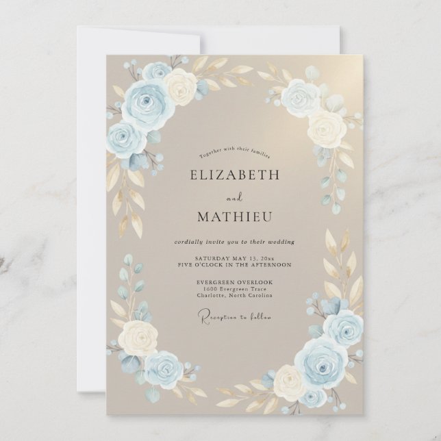 Taupe Powder Blue Leafy Wedding Invitation (Front)