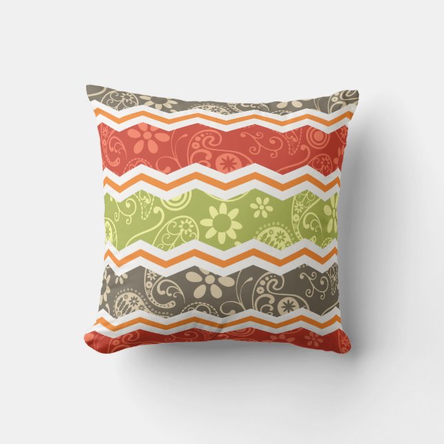 Taupe, Red, Green, and Orange Paisley Chevron Cushion (Front)