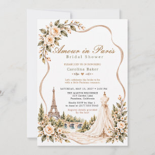 Taupe Romantic Parisian Floral Gown Bridal Shower Invitation