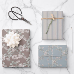 Taupe Rose, Blue Stripe & Dusty Blue Trellis Wrapping Paper Sheet