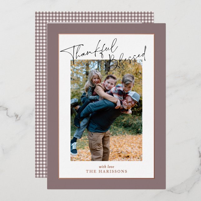 Taupe rose gold foil frame Thanksgiving gingham  Foil Holiday Card (Front/Back)