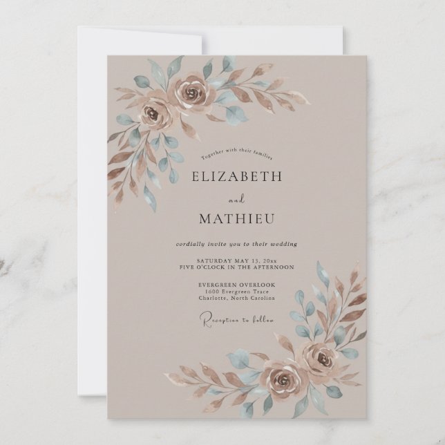 Taupe Rustic Floral Romance Wedding Invitation (Front)