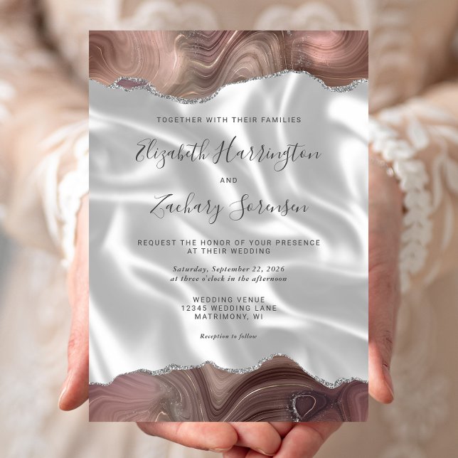 Taupe Silver Agate White Silk Wedding Invitation (Creator Uploaded)