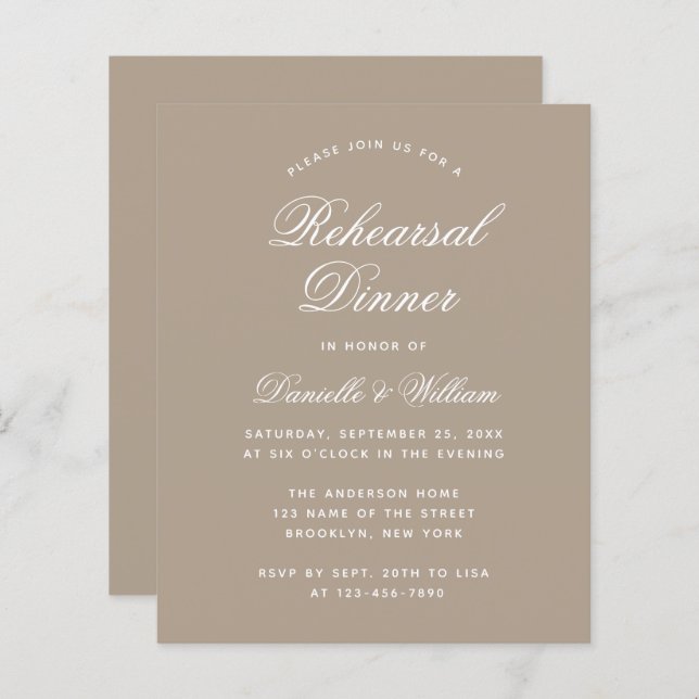 Taupe Simple Budget Rehearsal Dinner Invitation (Front/Back)