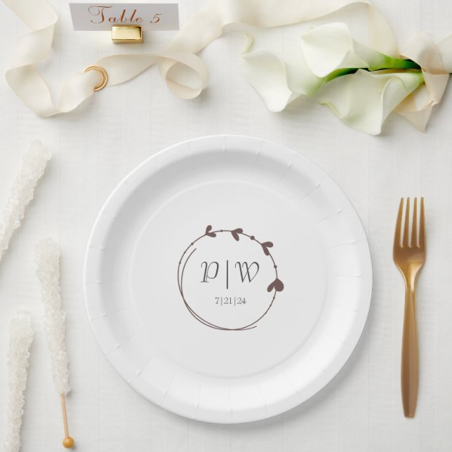 Taupe Simple Heart Wreath Monogram Wedding Paper Plate (Wedding)