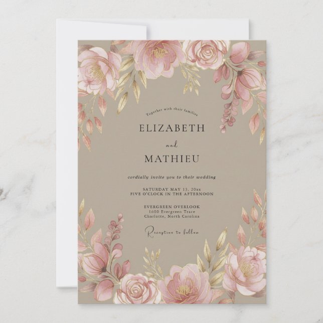 Taupe Soft Floral Wedding Invitation (Front)