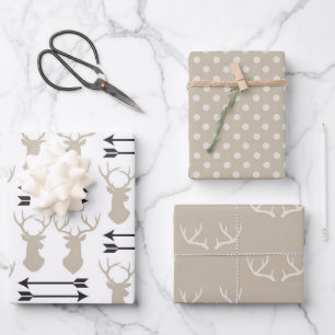 Taupe Stag heads, arrows and antlers  Wrapping Paper Sheet