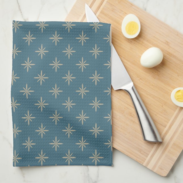 Taupe Stars on Blue Atomic Mid Century Pattern Tea Towel (Quarter Fold)