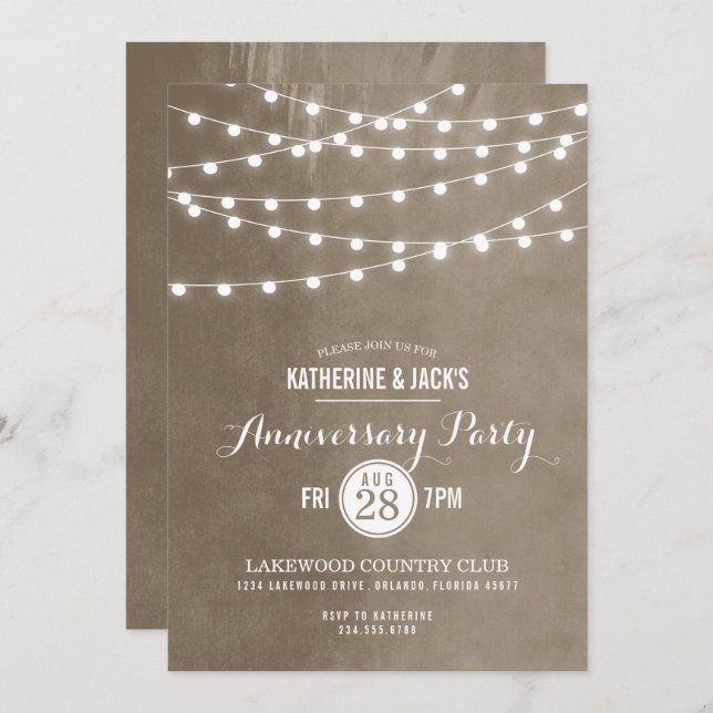 Taupe String Lights Anniversary Party Invitation (Front/Back)