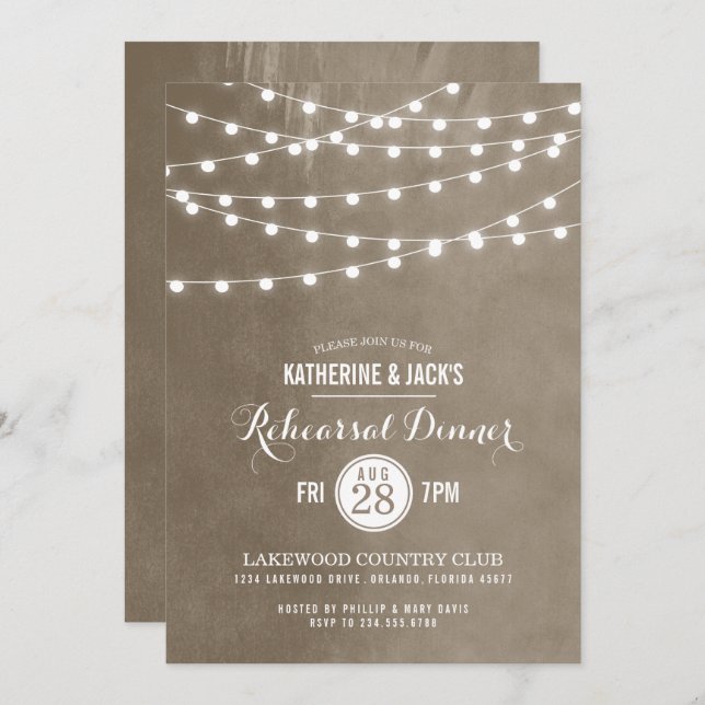 Taupe String Lights Rehearsal Dinner Invitation (Front/Back)