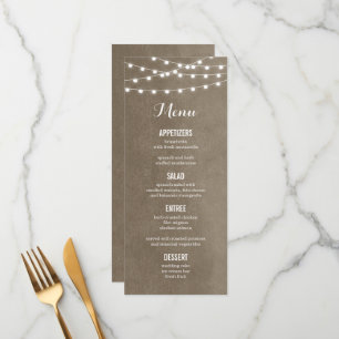 Taupe String Lights Wedding Menu Card