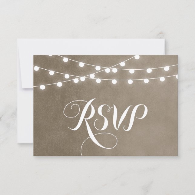 Taupe String Lights Wedding RSVP Card (Front)