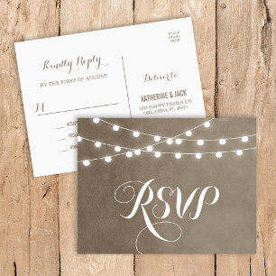 Taupe String Lights Wedding RSVP Postcard