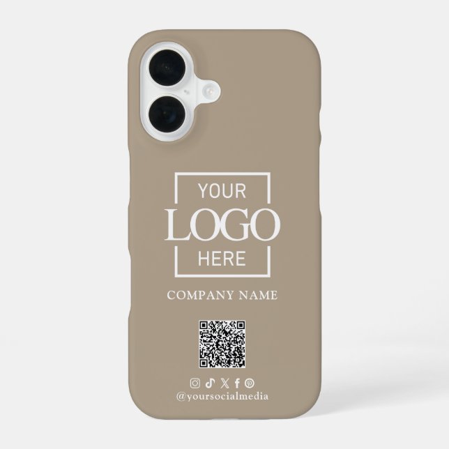Taupe Stylish Minimalist Business Logo & QR Code iPhone 16 Case (Back)