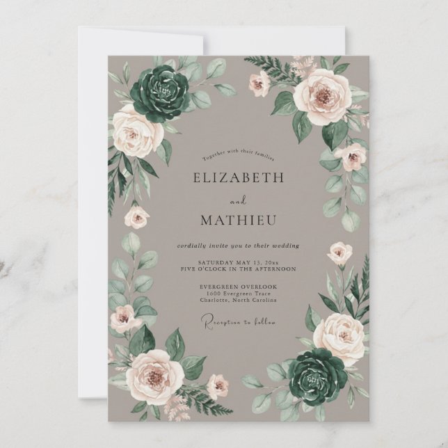 Taupe Succulent Peony Wedding Invitation (Front)