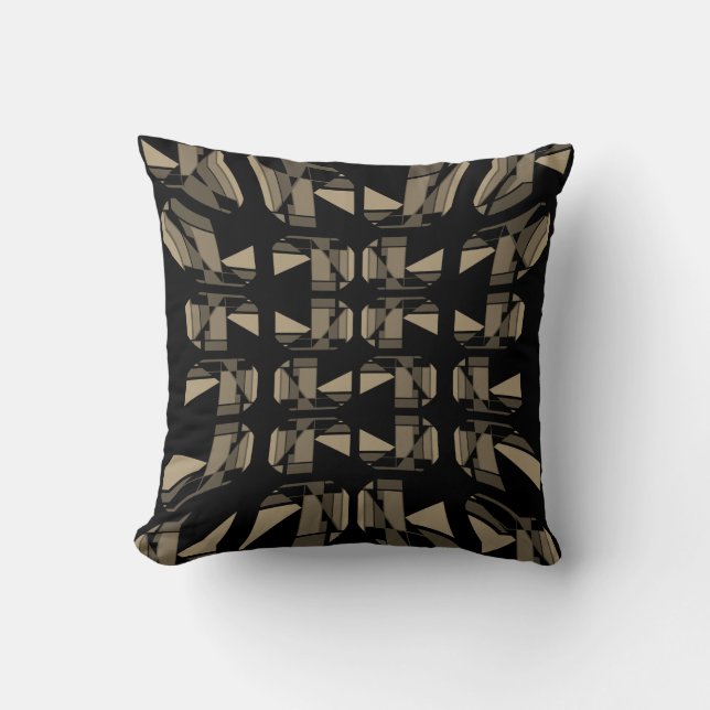 Taupe Tan on Black Concave Geometric Abstract Art Cushion (Front)