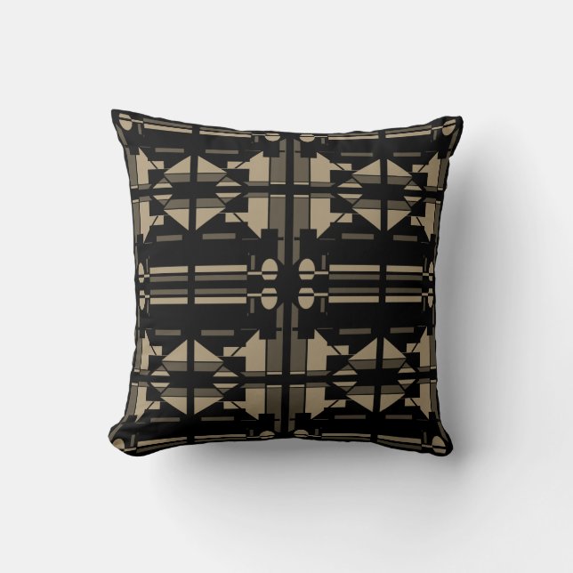Taupe Tan on Black Southwest Look Large Tiles Cushion (Front)