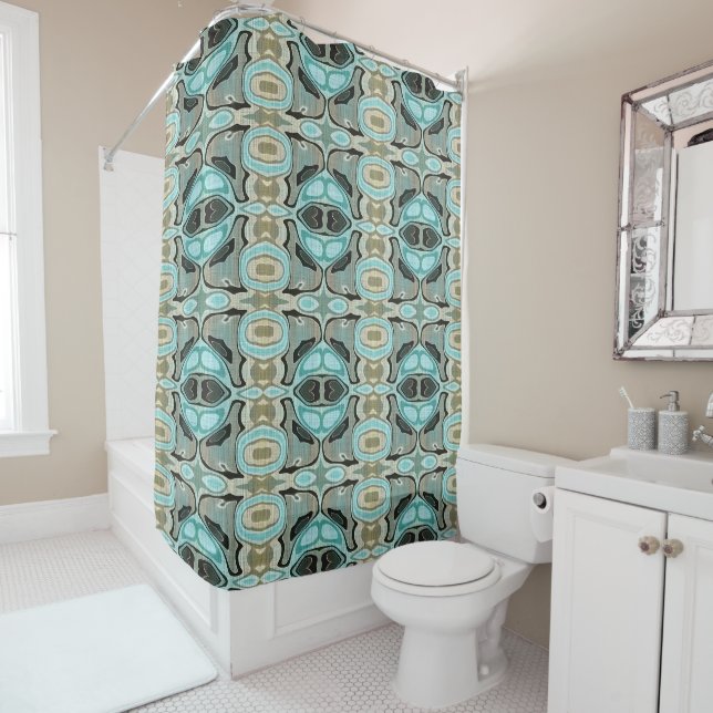 Taupe Teal Aqua Turquoise Bali Batik Pattern Shower Curtain (In Situ)