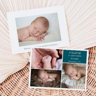Taupe Teal Baby Photo Collage Announcement Card