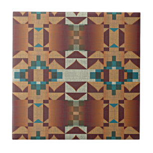 Taupe Terracotta Teal Blue Green Ethnic Tribe Art Ceramic Tile
