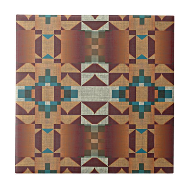Taupe Terracotta Teal Blue Green Ethnic Tribe Art Ceramic Tile (Front)
