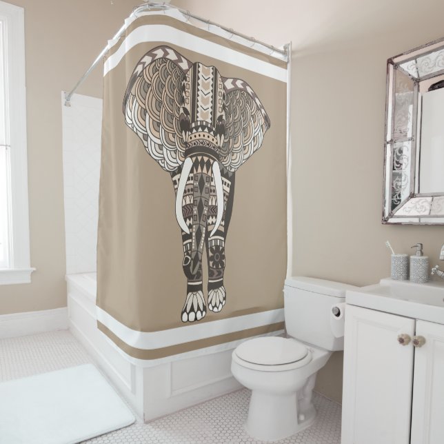 Taupe Tribal Elephant White Borders Shower Curtain (In Situ)