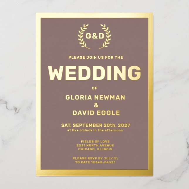 Taupe Typography Wedding Real Gold (Front)
