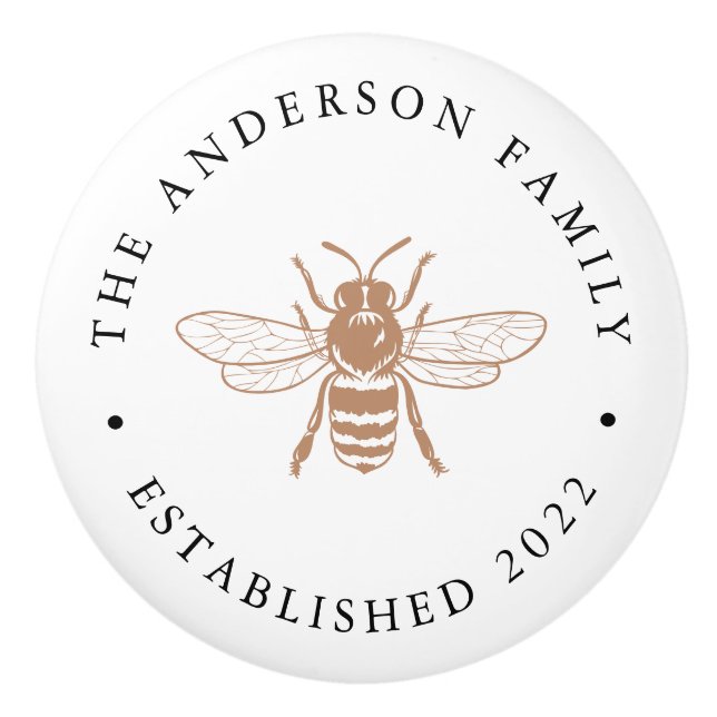 Taupe | Vintage Bee Illustration Personalised Ceramic Knob (Front)