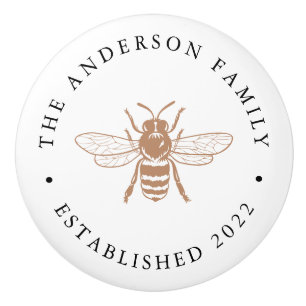 Taupe   Vintage Bee Illustration Personalized Ceramic Knob