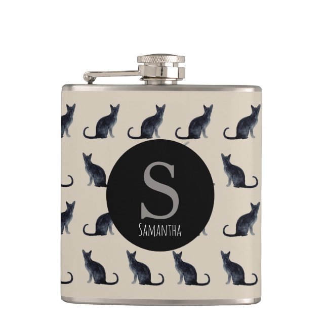 Taupe Watercolor Black Cat Monogram Flask (Front)