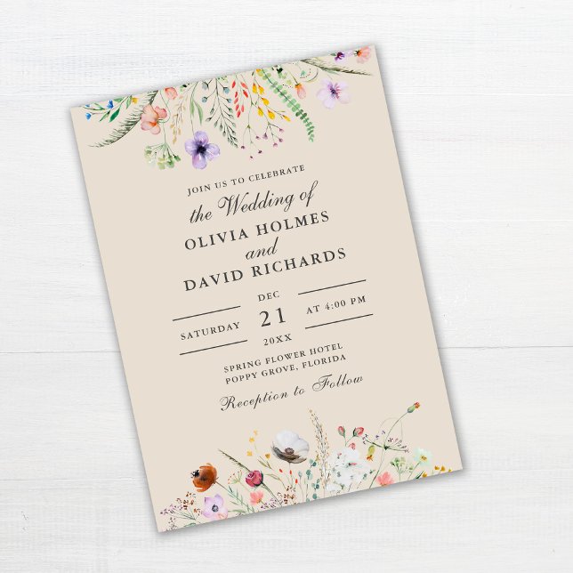 Taupe Watercolor Wildflower Meadow Wedding Invitation (Taupe Watercolor Wildflower Meadow Wedding Invitation on white wooden table.)