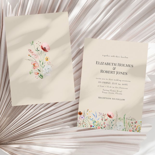 Taupe Watercolor Wildflower Wedding Invitation (Taupe Watercolor Wildflower Wedding Invitation on a sunny neutral dry palm leaf.)