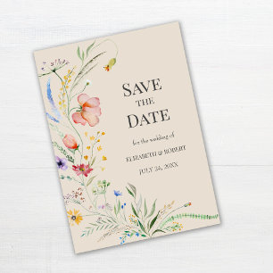 Taupe Watercolor Wildflowers Save The Date Card