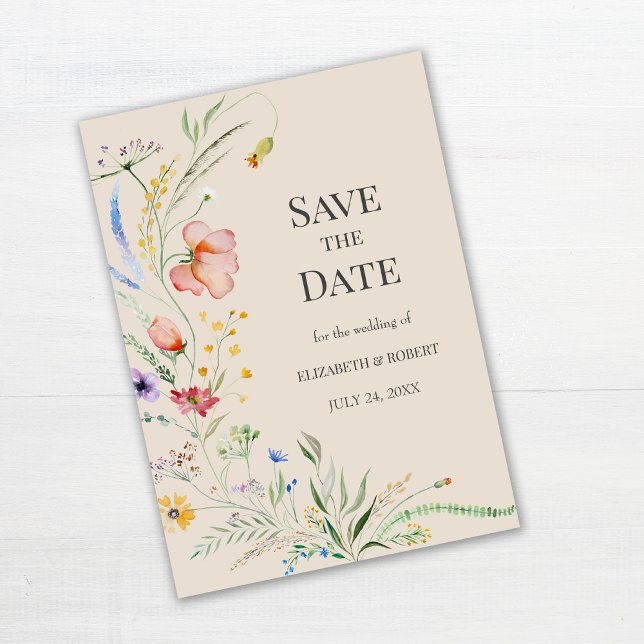 Taupe Watercolor Wildflowers Save The Date Card (Taupe Watercolor Wildflowers Save The Date Card on white wooden table.)