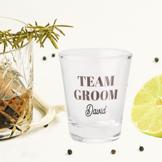 Taupe Wedding Team Groom Personalised Shot Glass (In Situ)