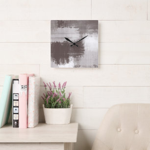 Taupe White Abstract Brushstrokes    Square Wall Clock