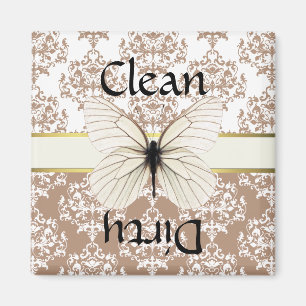 Taupe & White Damask Butterfly Dishwasher Magnet