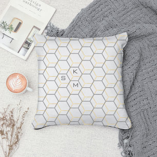 Taupe White Modern Abstract Geometric Monogrammed Cushion